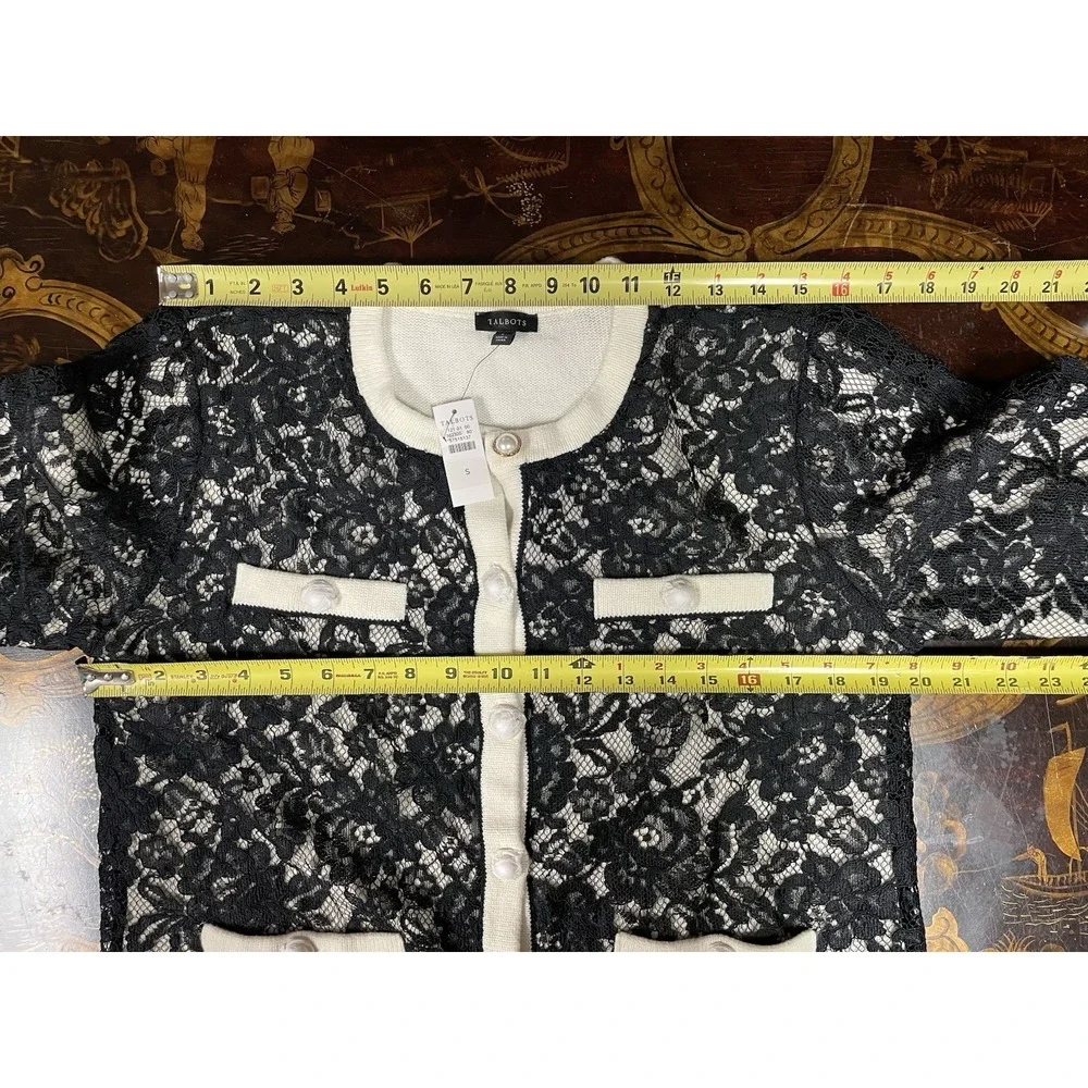 NWT‎ Talbots Black Lace Overlay Ivory Knit Pearl Button Cardigan Old Money Lux S